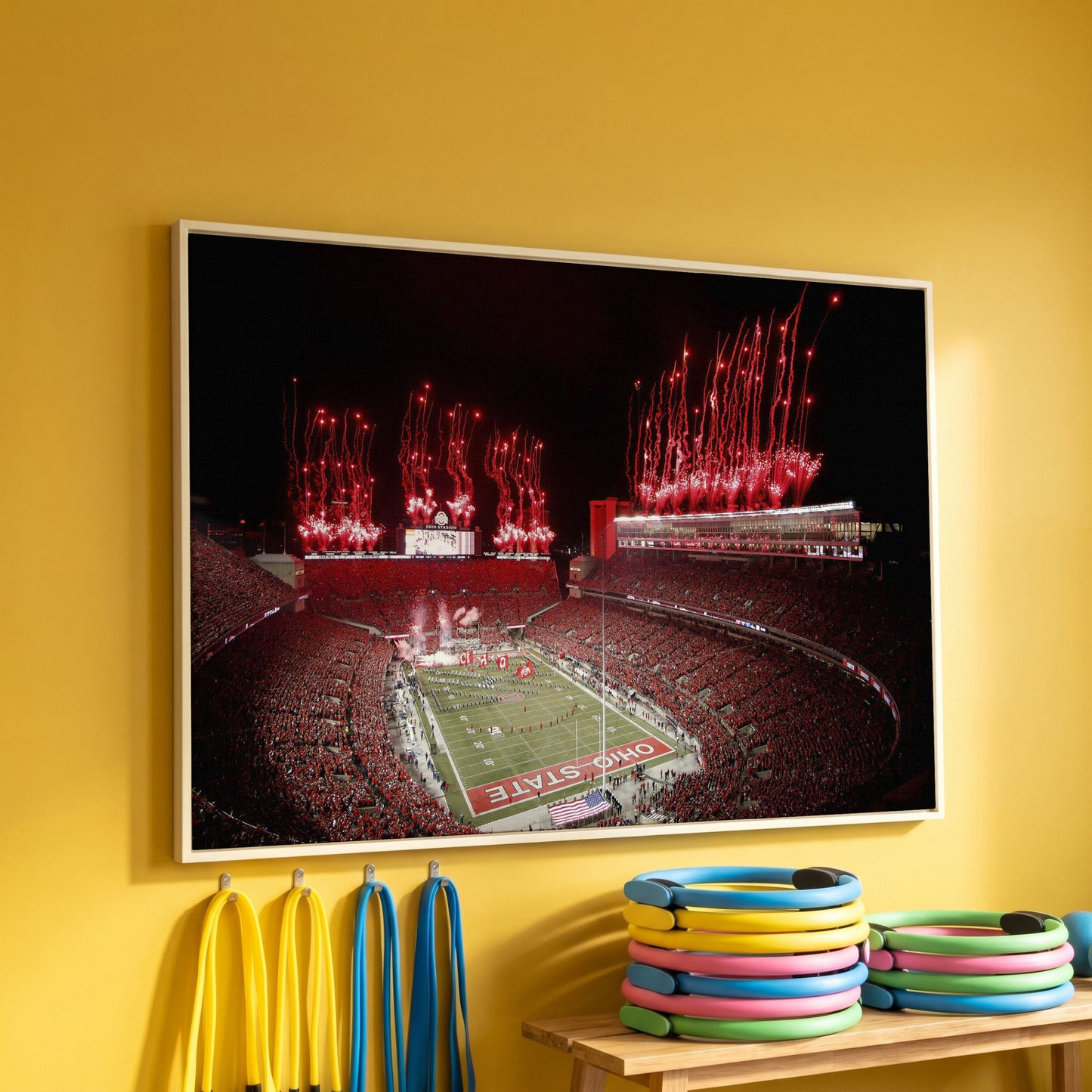 Ohio Stadium Fireworks Night Canvas Wall Art in white floating frame