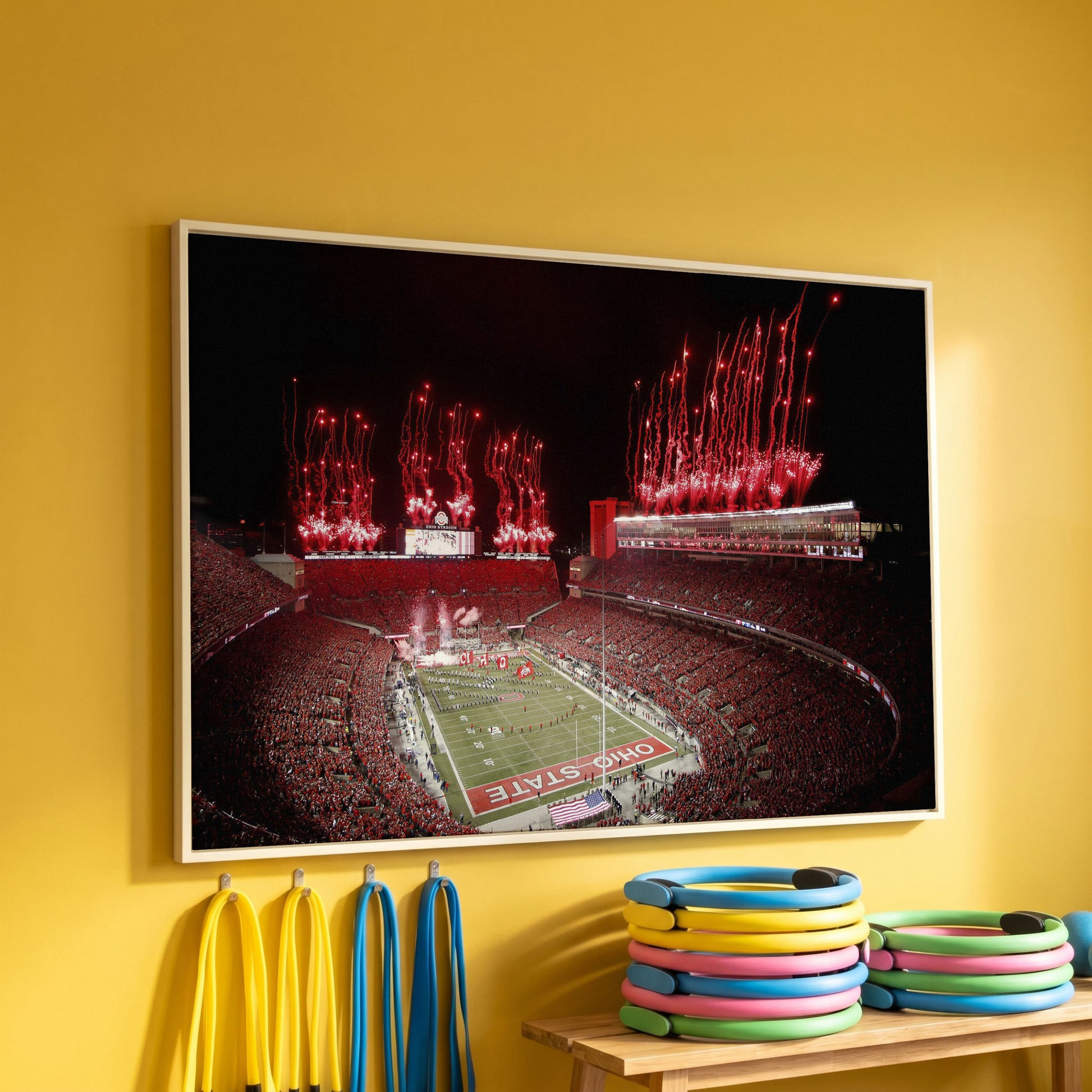 Ohio Stadium Fireworks Night Canvas Wall Art in white floating frame