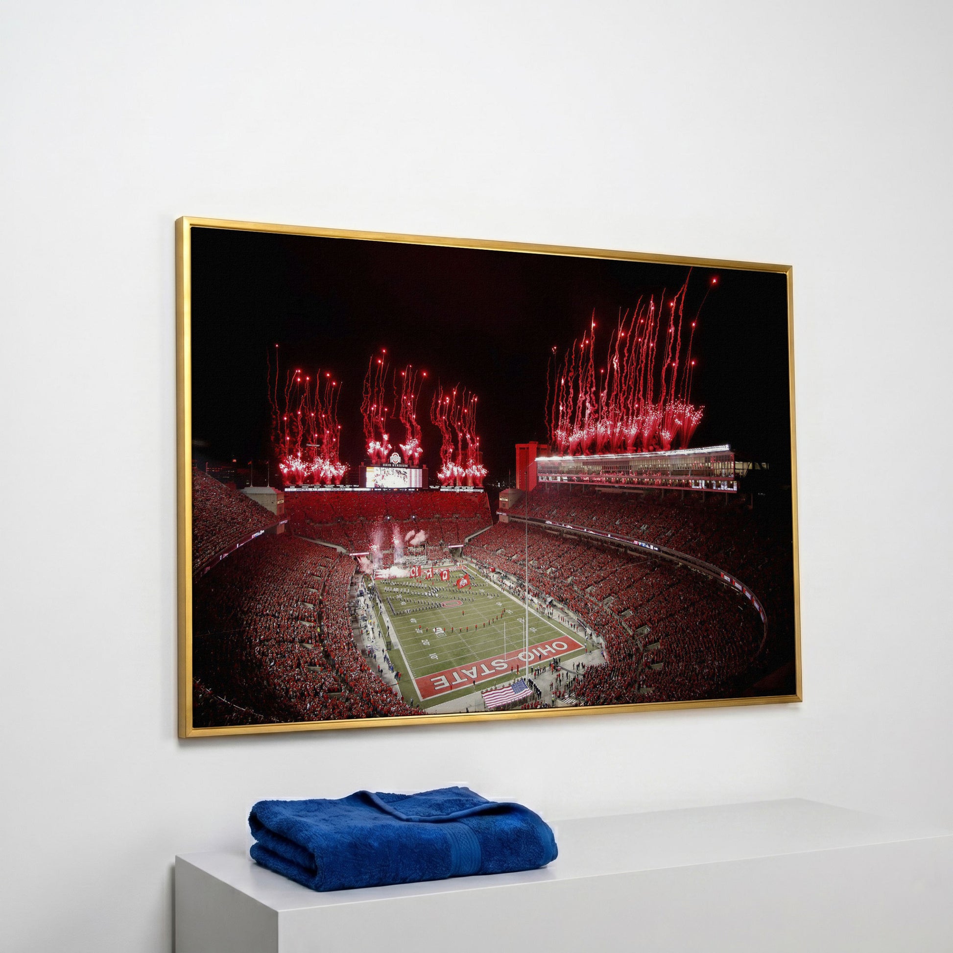 Ohio Stadium Fireworks Night Canvas Wall Art in yellow gold floating frame