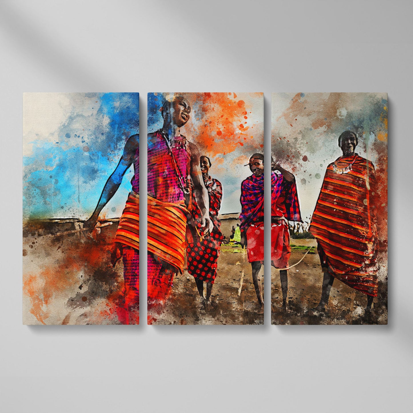 Maasai Village Gathering Canvas Wall Art, African Folk Art Print as 3-panel split version