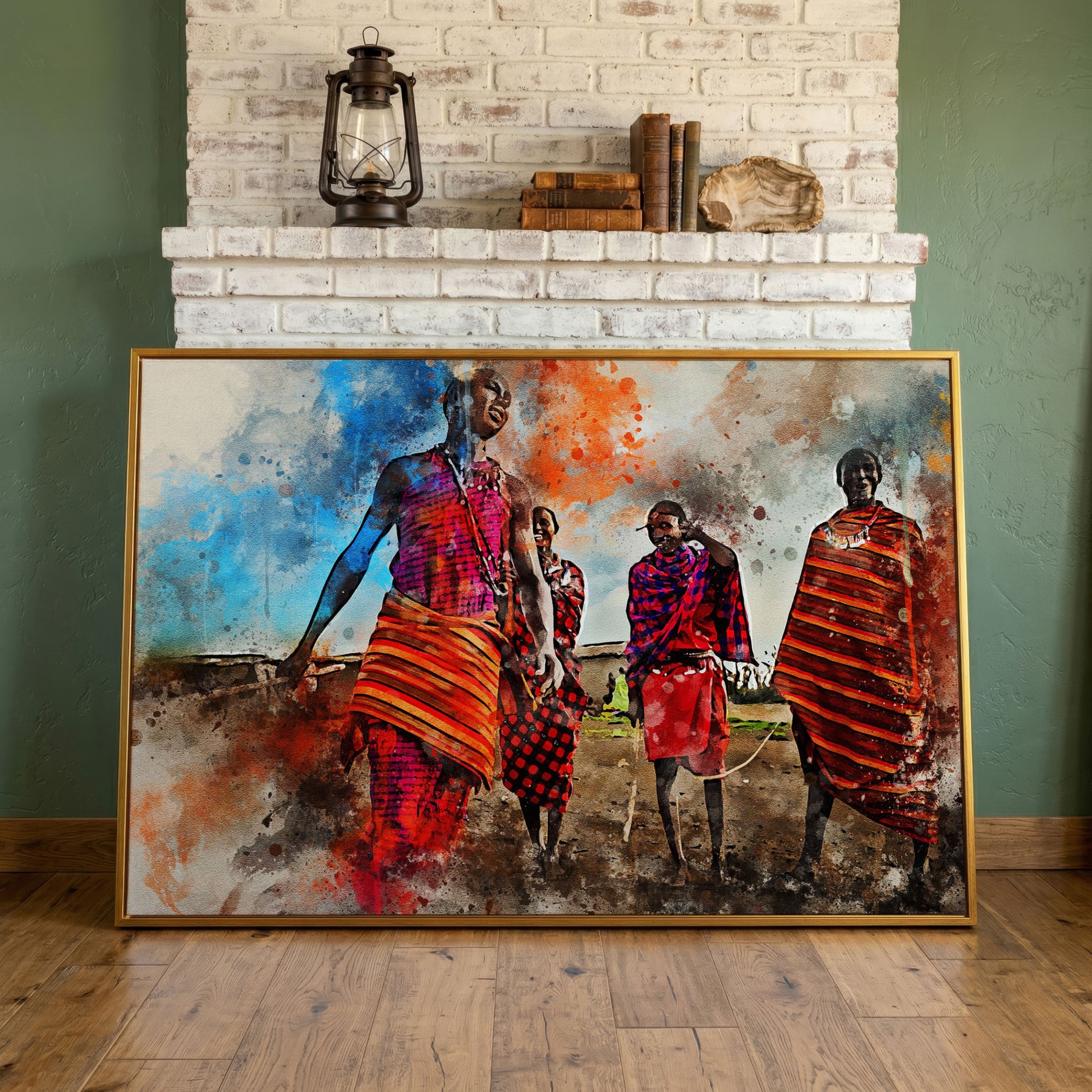 Maasai Village Gathering Canvas Wall Art, African Folk Art Print in antique gold floating frame