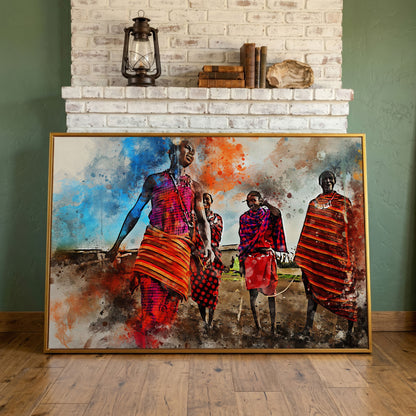 Maasai Village Gathering Canvas Wall Art, African Folk Art Print in antique gold floating frame