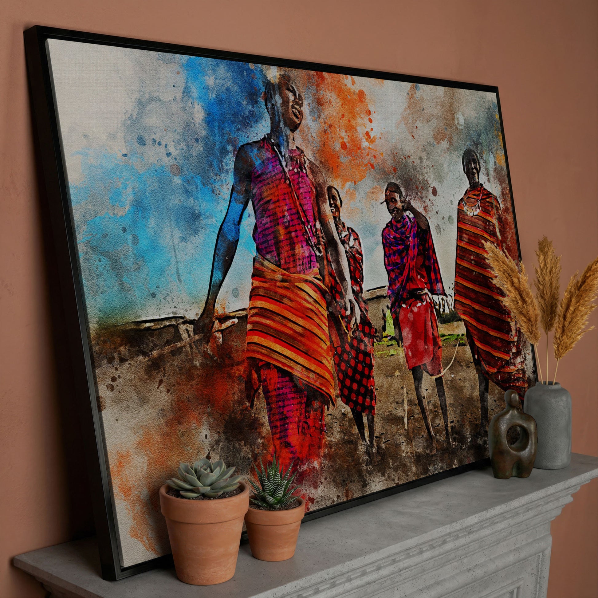 Maasai Village Gathering Canvas Wall Art, African Folk Art Print in black floating frame
