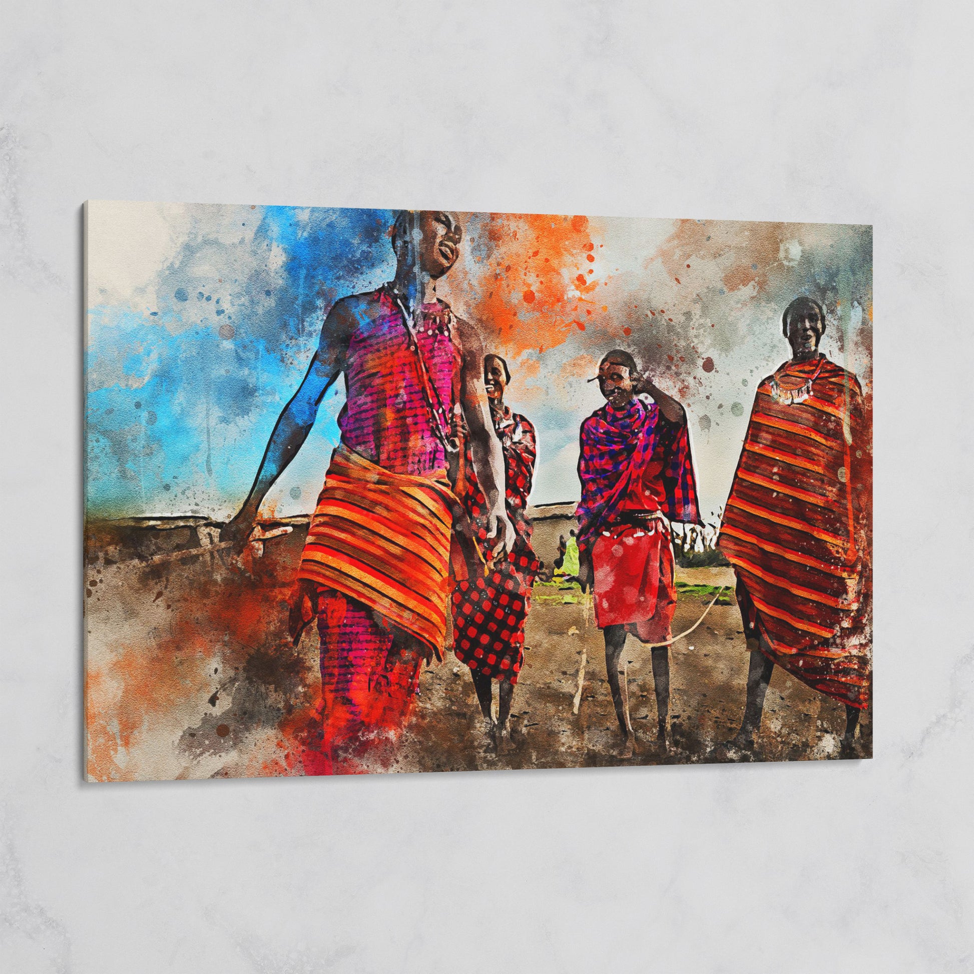 Maasai Village Gathering Canvas Wall Art, African Folk Art Print on gallery wrap