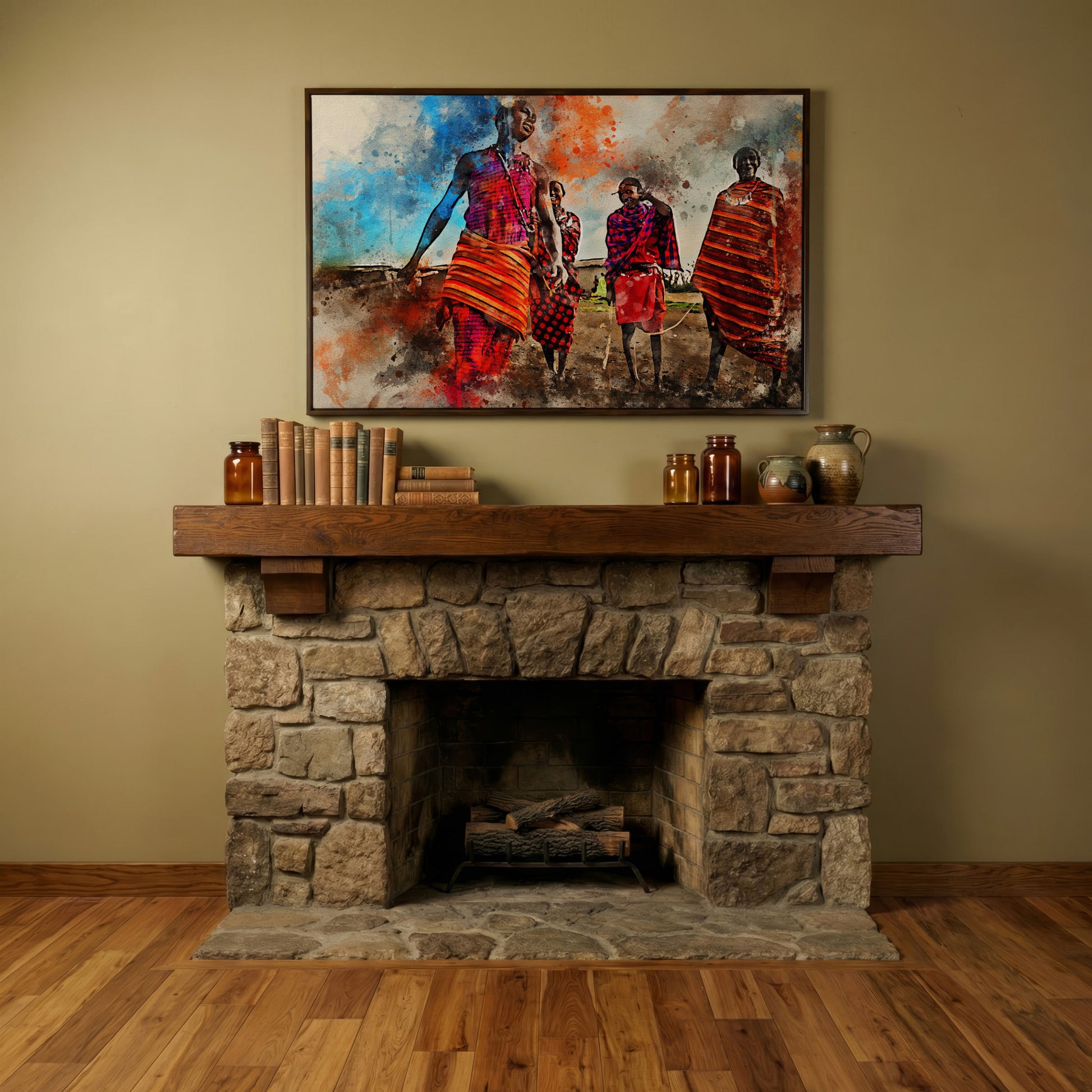 Maasai Village Gathering Canvas Wall Art, African Folk Art Print in dark walnut floating frame