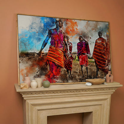 Maasai Village Gathering Canvas Wall Art, African Folk Art Print in white oak floating frame