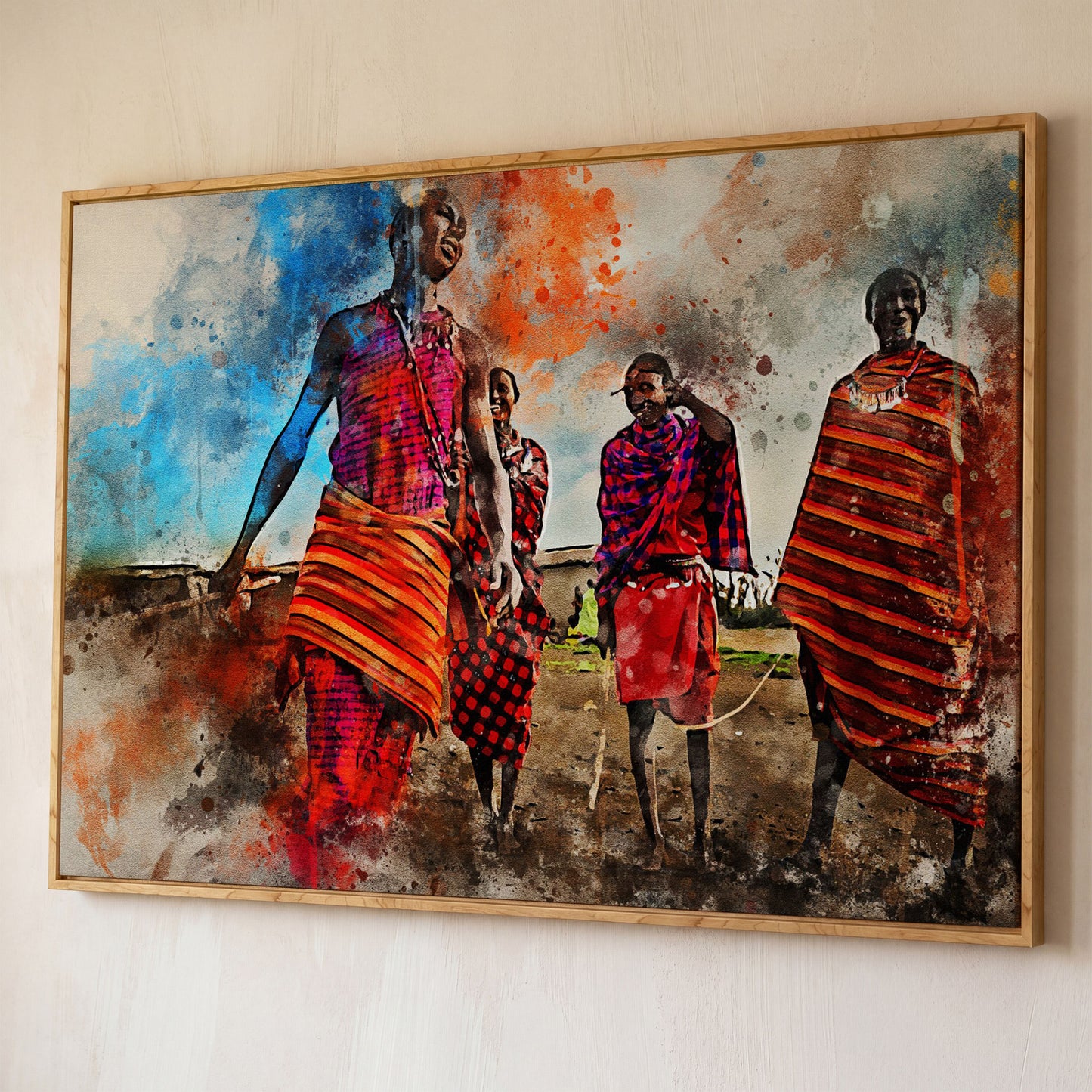 Maasai Village Gathering Canvas Wall Art, African Folk Art Print shown in white oak floating frame