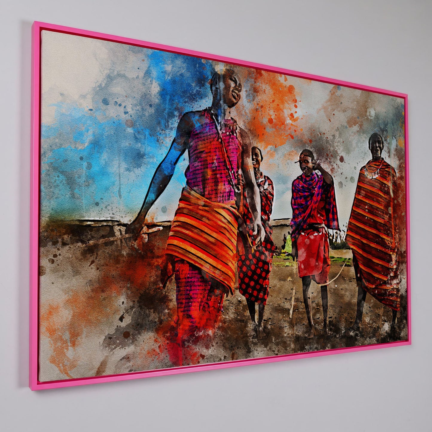 Maasai Village Gathering Canvas Wall Art, African Folk Art Print in pink floating frame