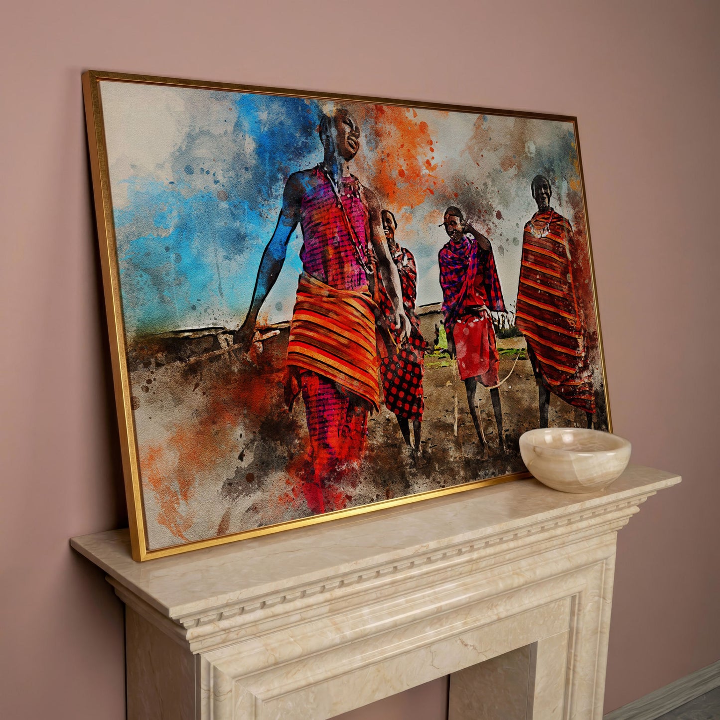 Maasai Village Gathering Canvas Wall Art, African Folk Art Print in rose gold floating frame
