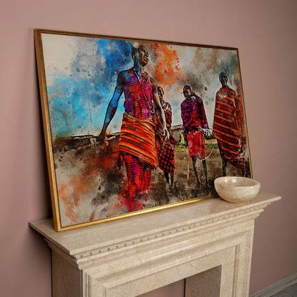 Maasai Village Gathering Canvas Wall Art, African Folk Art Print in rose gold floating frame