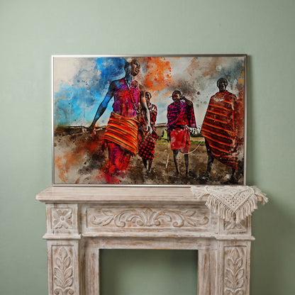 Maasai Village Gathering Canvas Wall Art, African Folk Art Print in silver floating frame