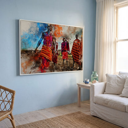 Maasai Village Gathering Canvas Wall Art, African Folk Art Print in white floating frame
