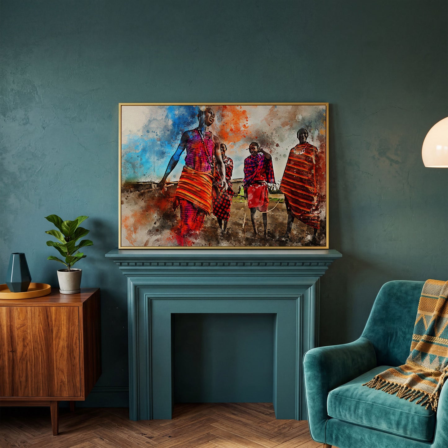 Maasai Village Gathering Canvas Wall Art, African Folk Art Print in yellow gold floating frame