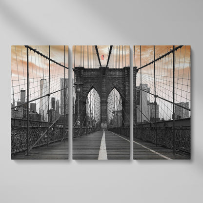 Brooklyn Bridge Canvas Art with NYC Skyline and American Flag as 3-panel split version
