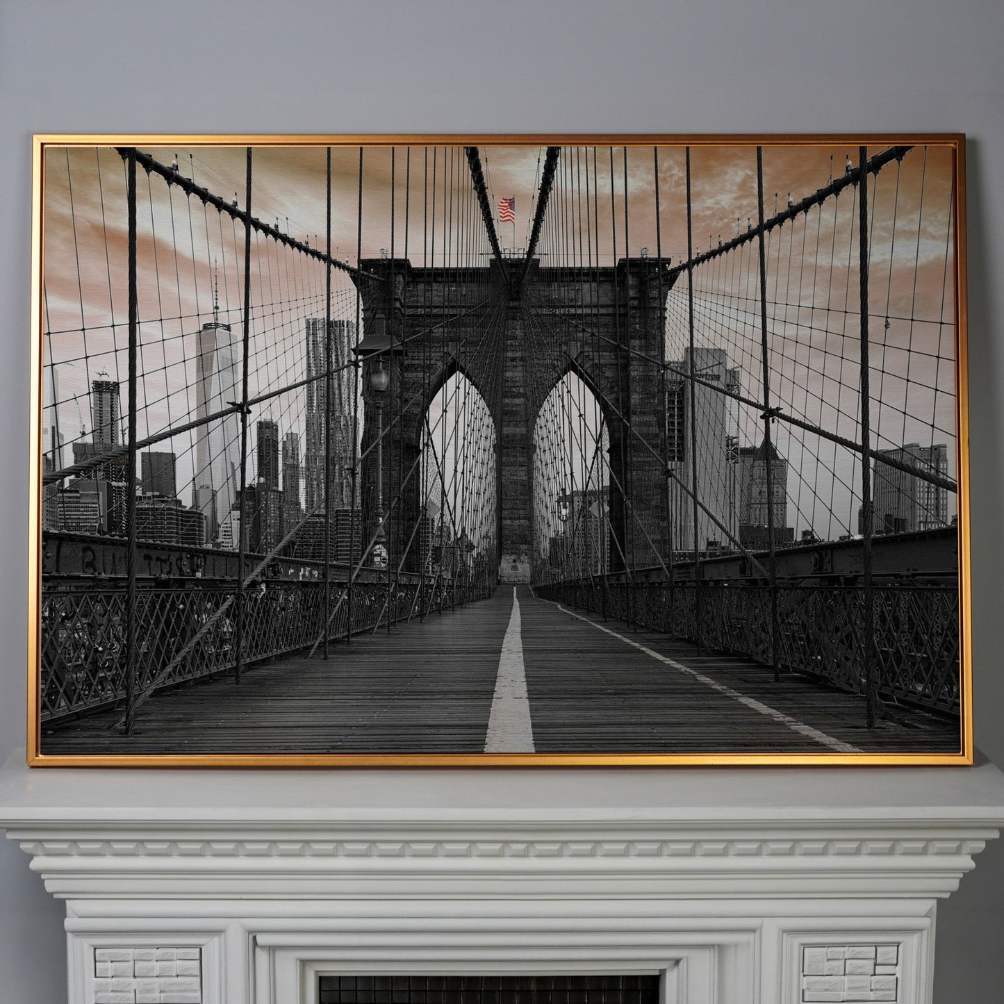 Brooklyn Bridge Canvas Art with NYC Skyline and American Flag in antique gold floating frame