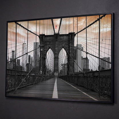 Brooklyn Bridge Canvas Art with NYC Skyline and American Flag shown in black floating frame