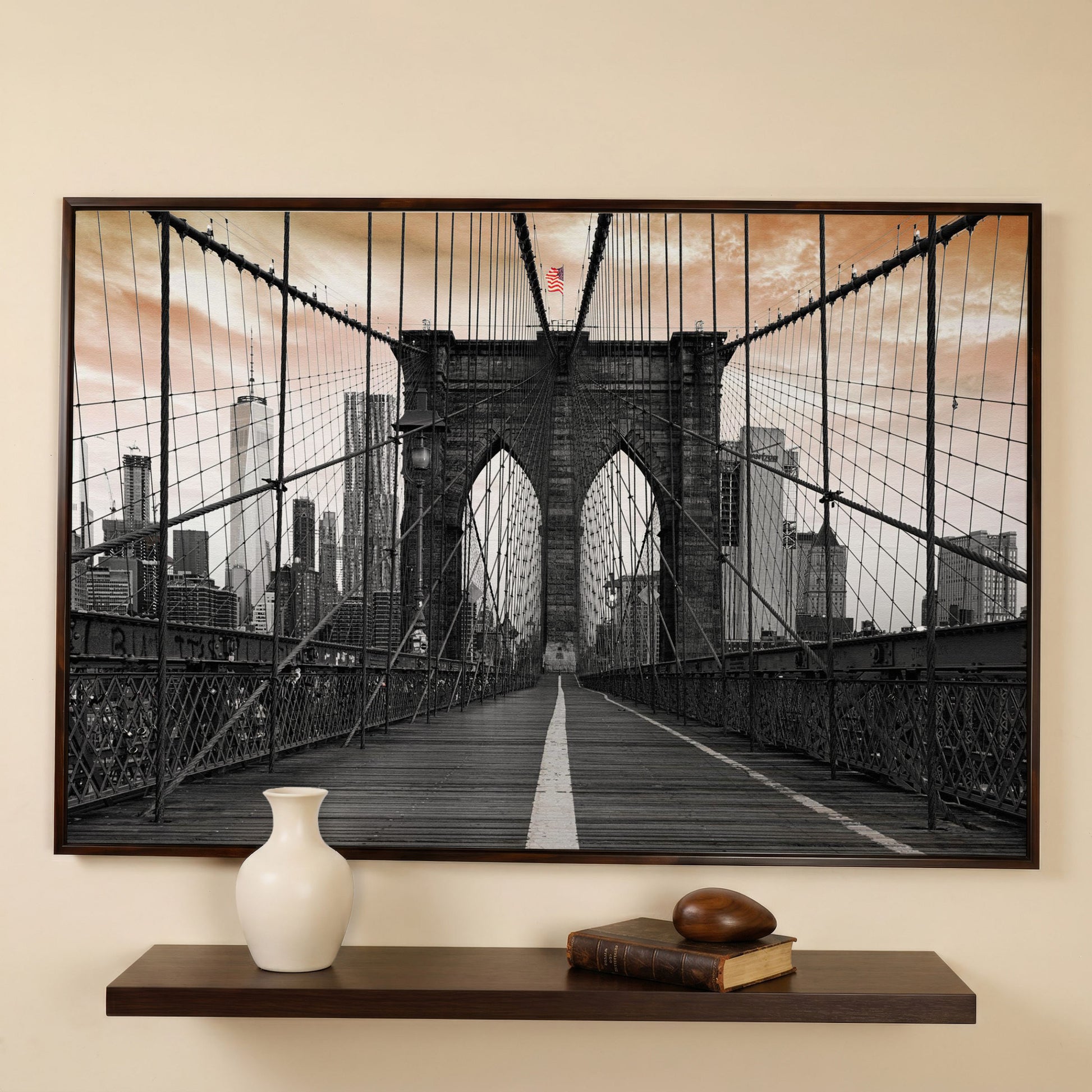 Brooklyn Bridge Canvas Art with NYC Skyline and American Flag in dark walnut floating frame