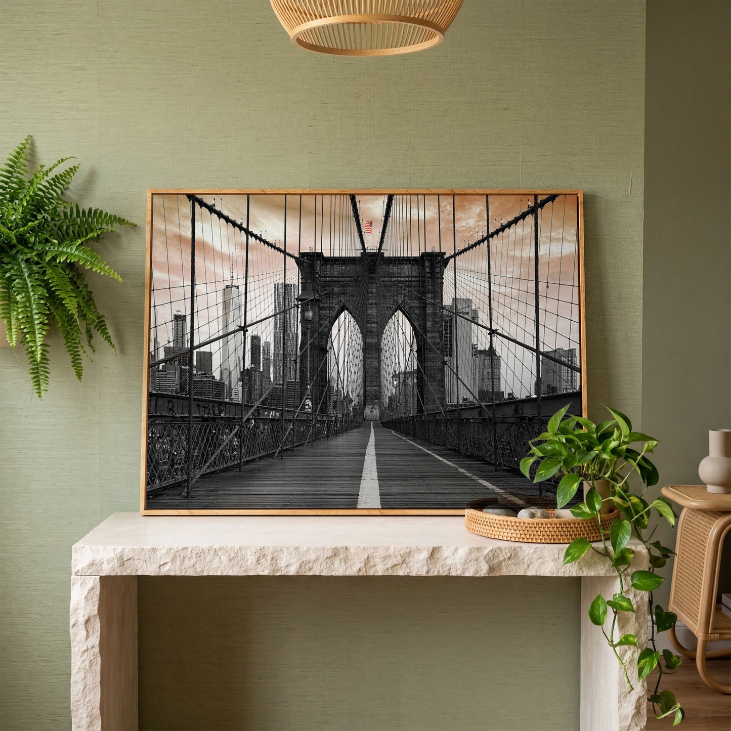 Brooklyn Bridge Canvas Art with NYC Skyline and American Flag in white oak floating frame