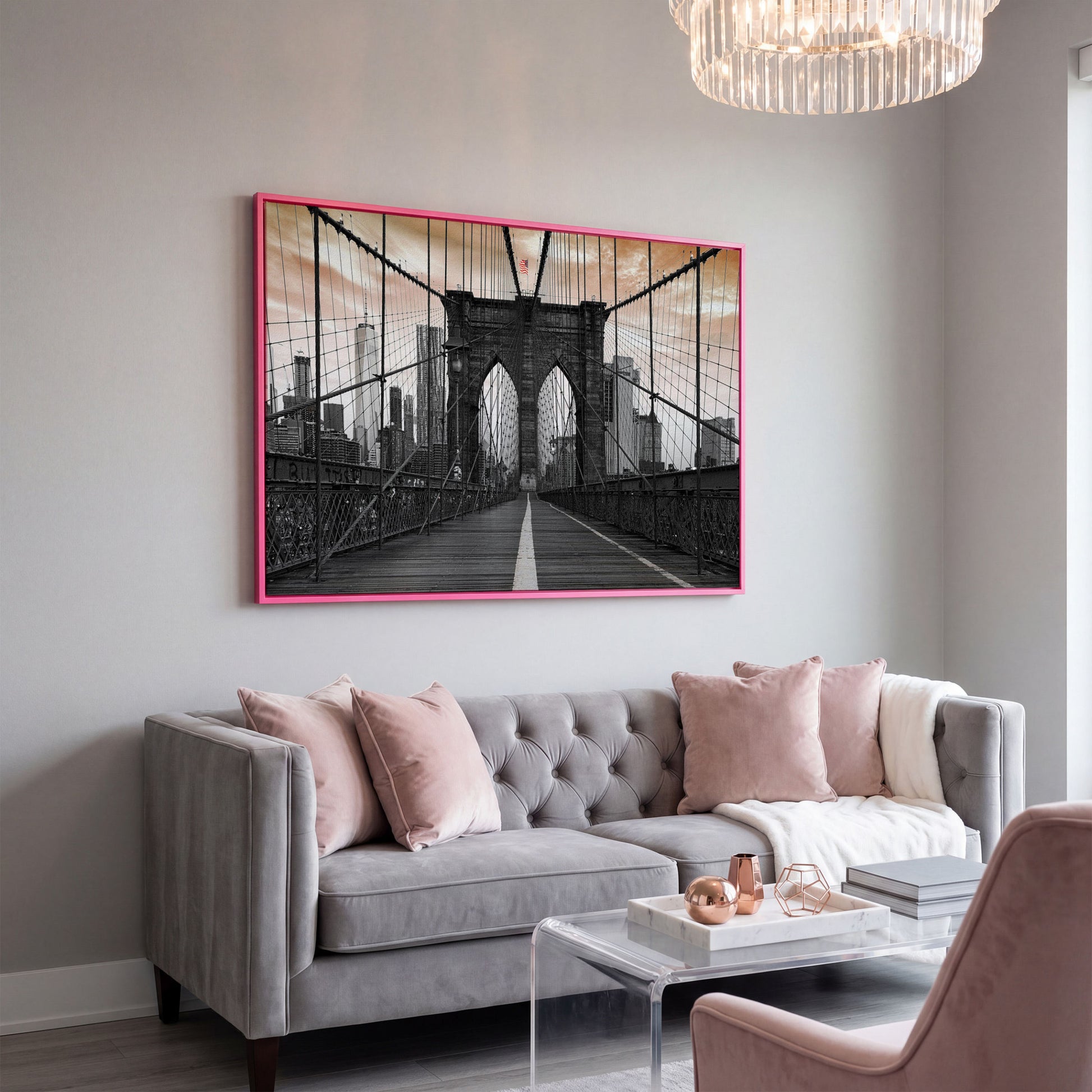 Brooklyn Bridge Canvas Art with NYC Skyline and American Flag in pink floating frame