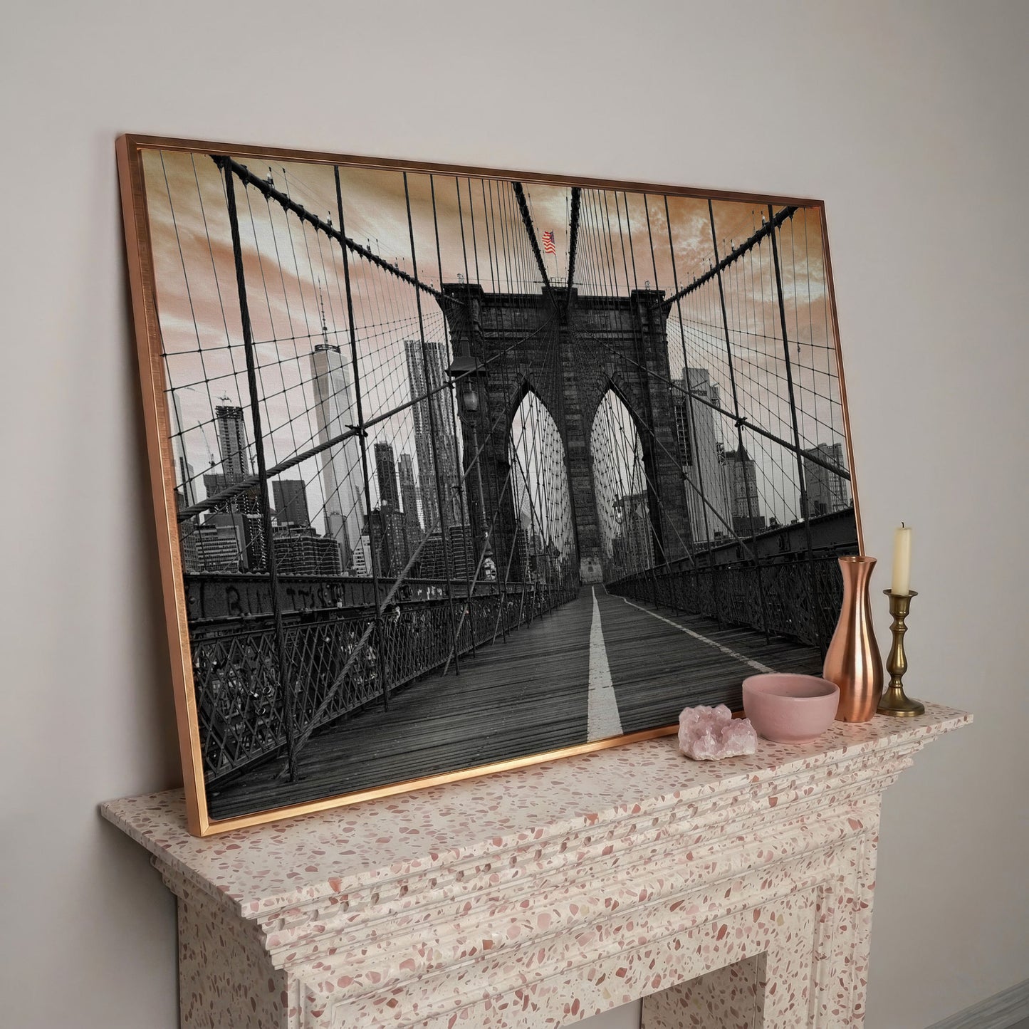 Brooklyn Bridge Canvas Art with NYC Skyline and American Flag in rose gold floating frame