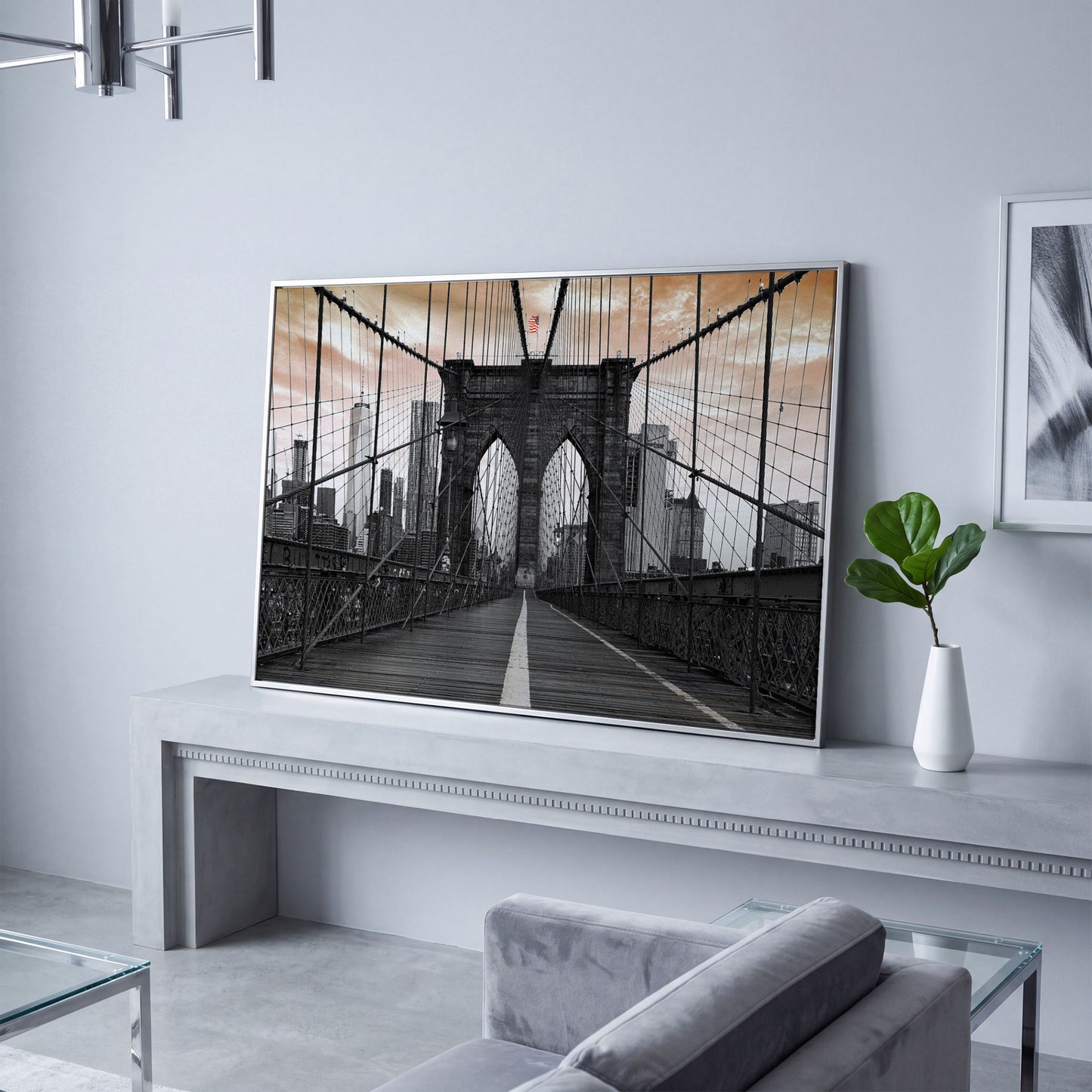 Brooklyn Bridge Canvas Art with NYC Skyline and American Flag in silver floating frame
