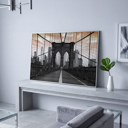 Brooklyn Bridge Canvas Art with NYC Skyline and American Flag in silver floating frame