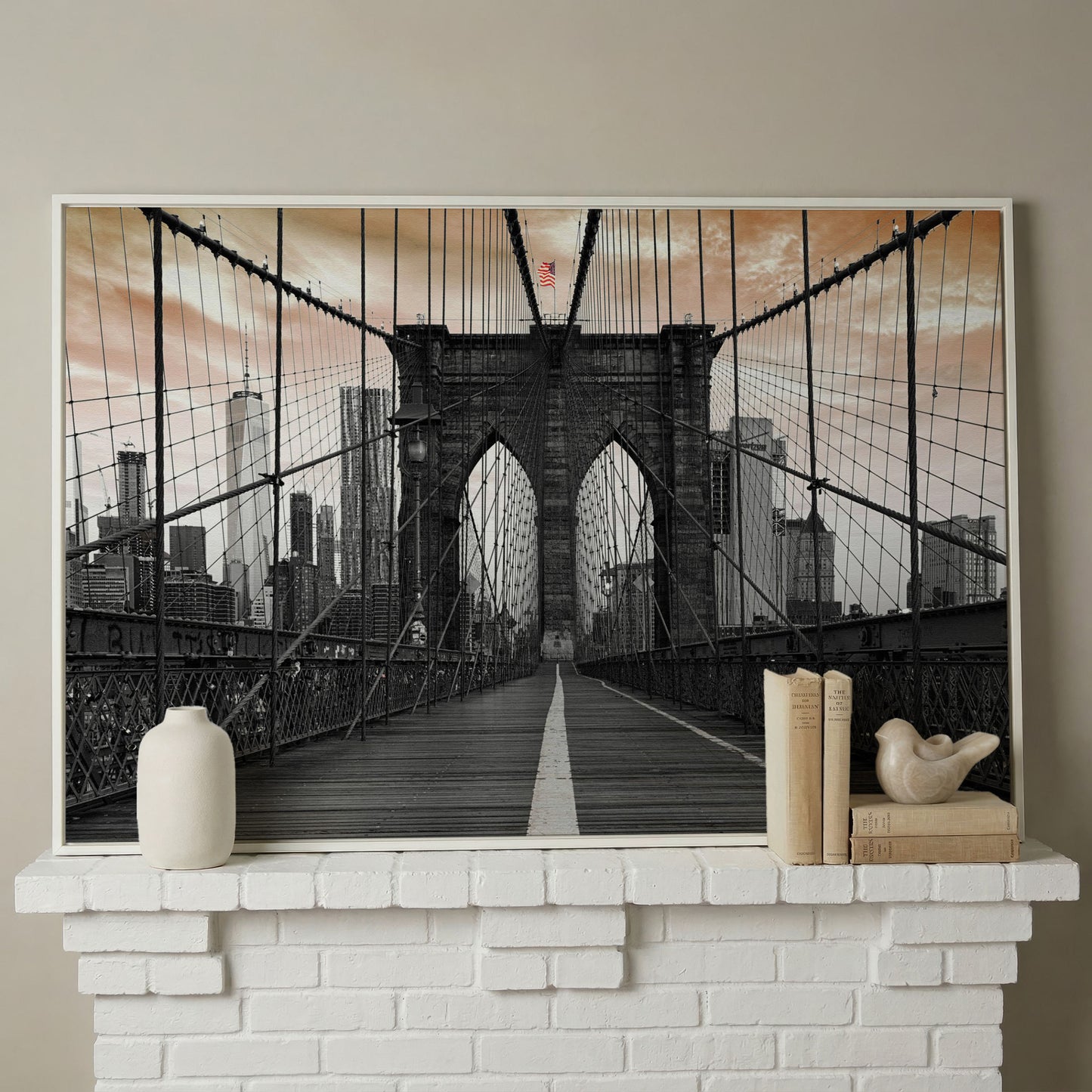 Brooklyn Bridge Canvas Art with NYC Skyline and American Flag in white floating frame
