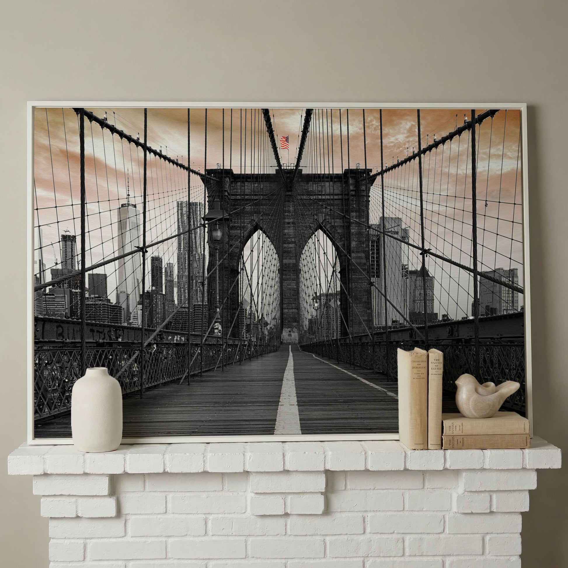 Brooklyn Bridge Canvas Art with NYC Skyline and American Flag in white floating frame