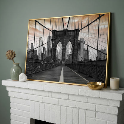 Brooklyn Bridge Canvas Art with NYC Skyline and American Flag in yellow gold floating frame