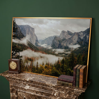 Yosemite Valley Mist and El Capitan Canvas Wall Art in antique gold floating frame