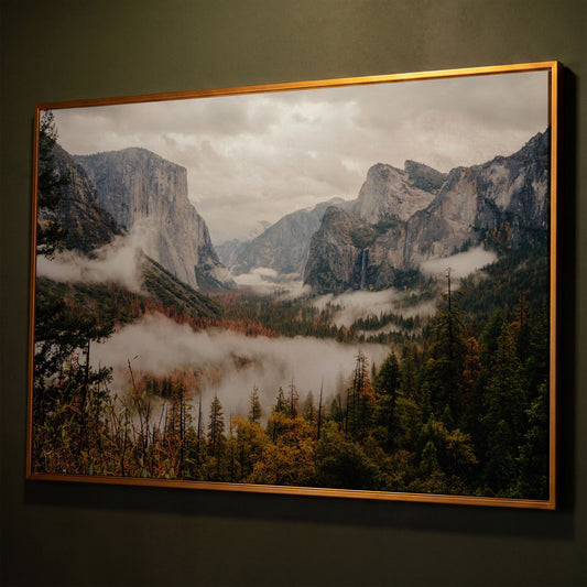 Yosemite Valley Mist and El Capitan Canvas Wall Art shown in antique gold floating frame