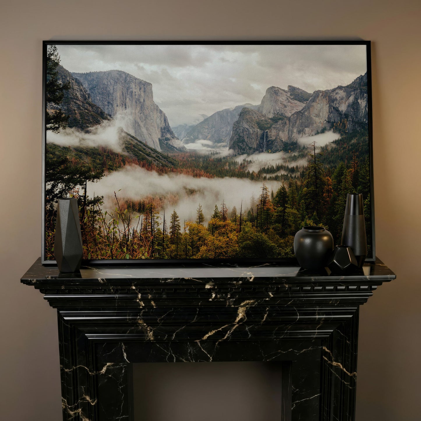 Yosemite Valley Mist and El Capitan Canvas Wall Art in black floating frame