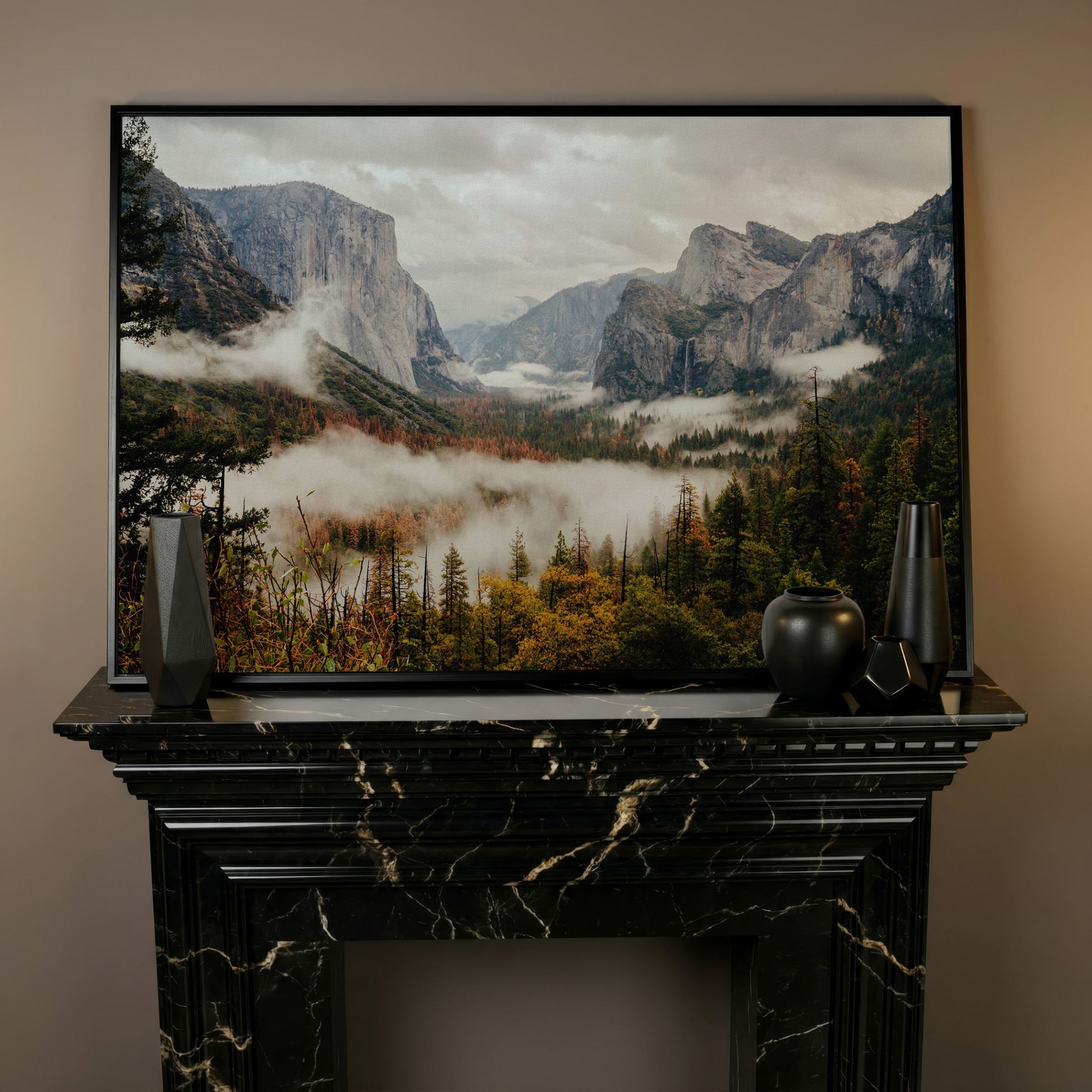 Yosemite Valley Mist and El Capitan Canvas Wall Art in black floating frame