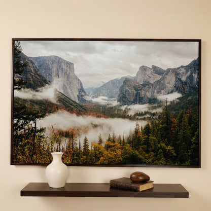 Yosemite Valley Mist and El Capitan Canvas Wall Art in dark walnut floating frame