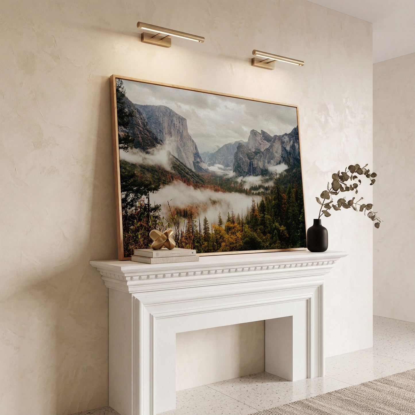 Yosemite Valley Mist and El Capitan Canvas Wall Art in white oak floating frame
