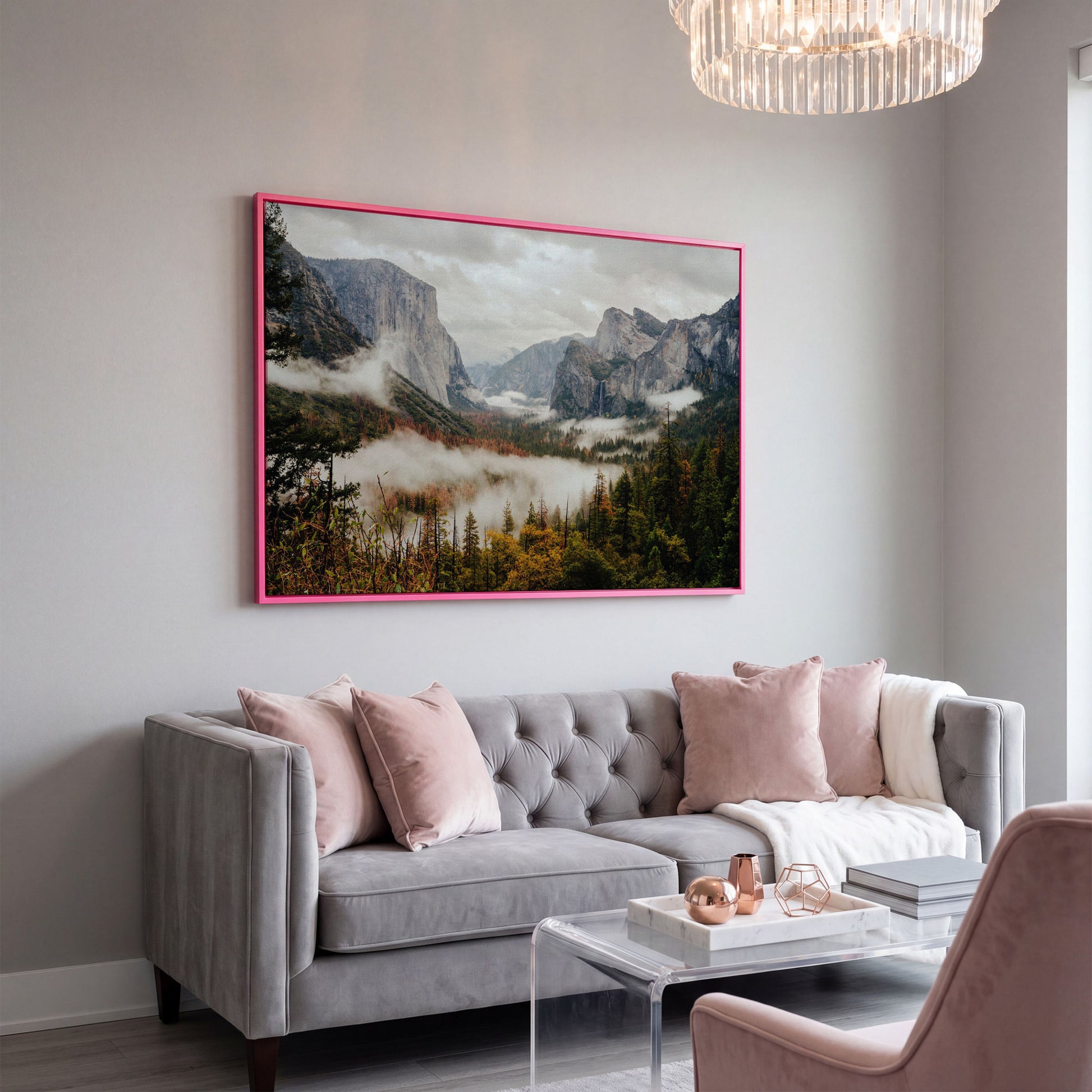Yosemite Valley Mist and El Capitan Canvas Wall Art in pink floating frame
