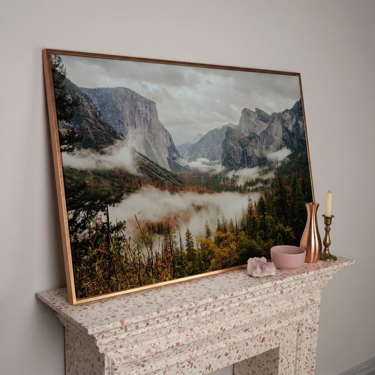Yosemite Valley Mist and El Capitan Canvas Wall Art in rose gold floating frame