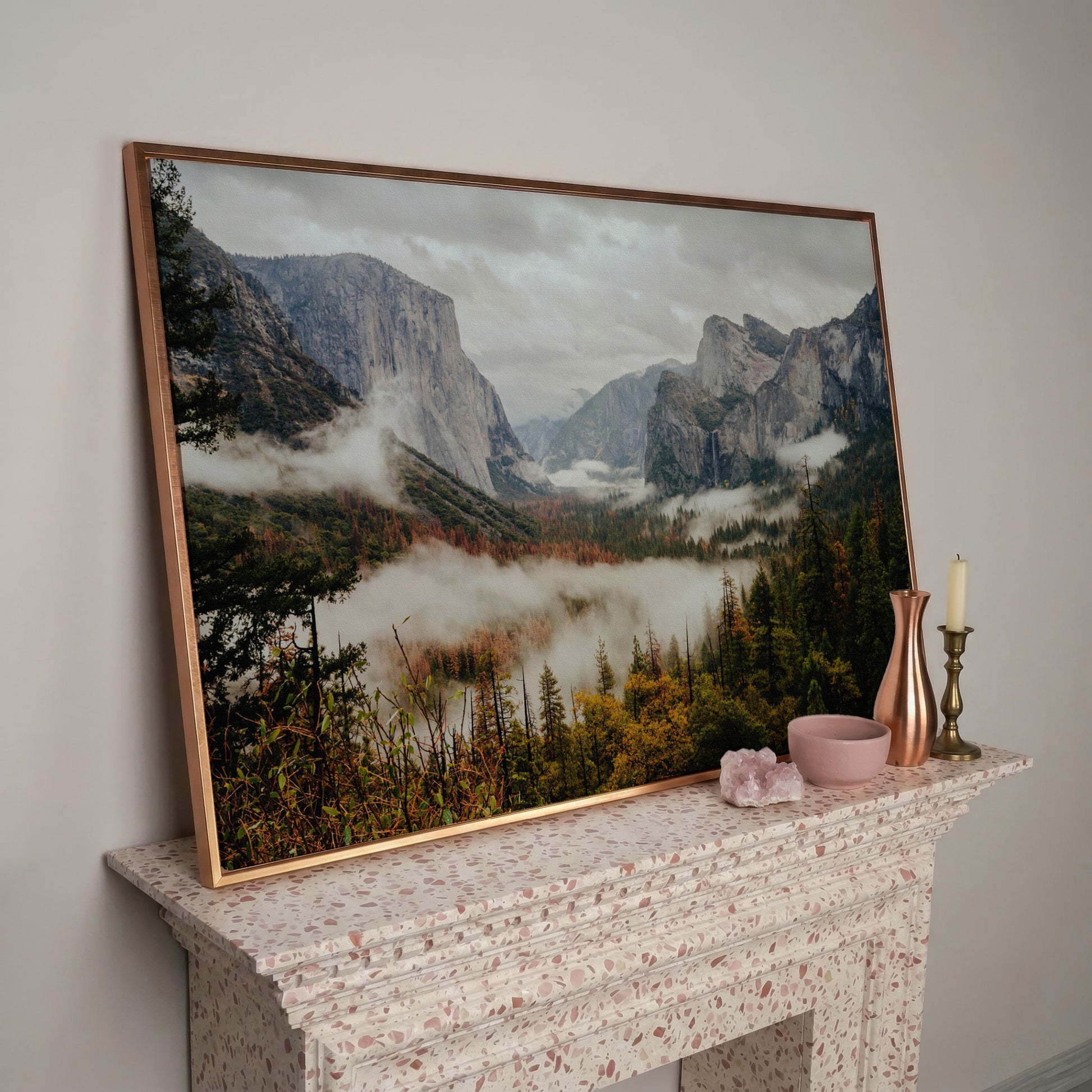 Yosemite Valley Mist and El Capitan Canvas Wall Art in rose gold floating frame