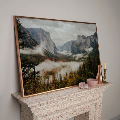 Yosemite Valley Mist and El Capitan Canvas Wall Art in rose gold floating frame