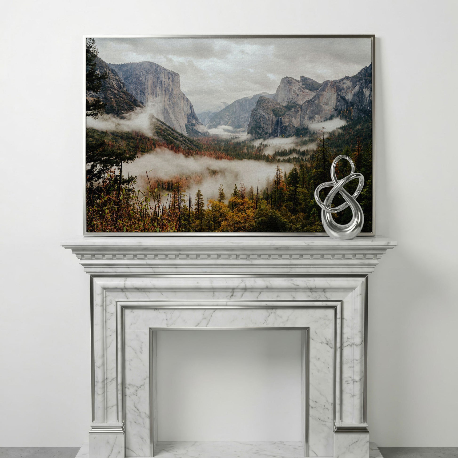 Yosemite Valley Mist and El Capitan Canvas Wall Art in silver floating frame