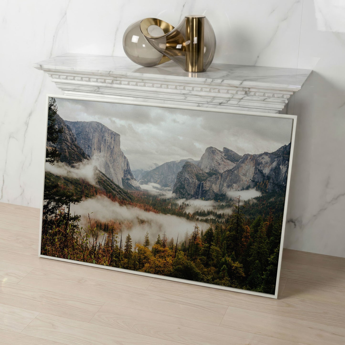Yosemite Valley Mist and El Capitan Canvas Wall Art in white floating frame