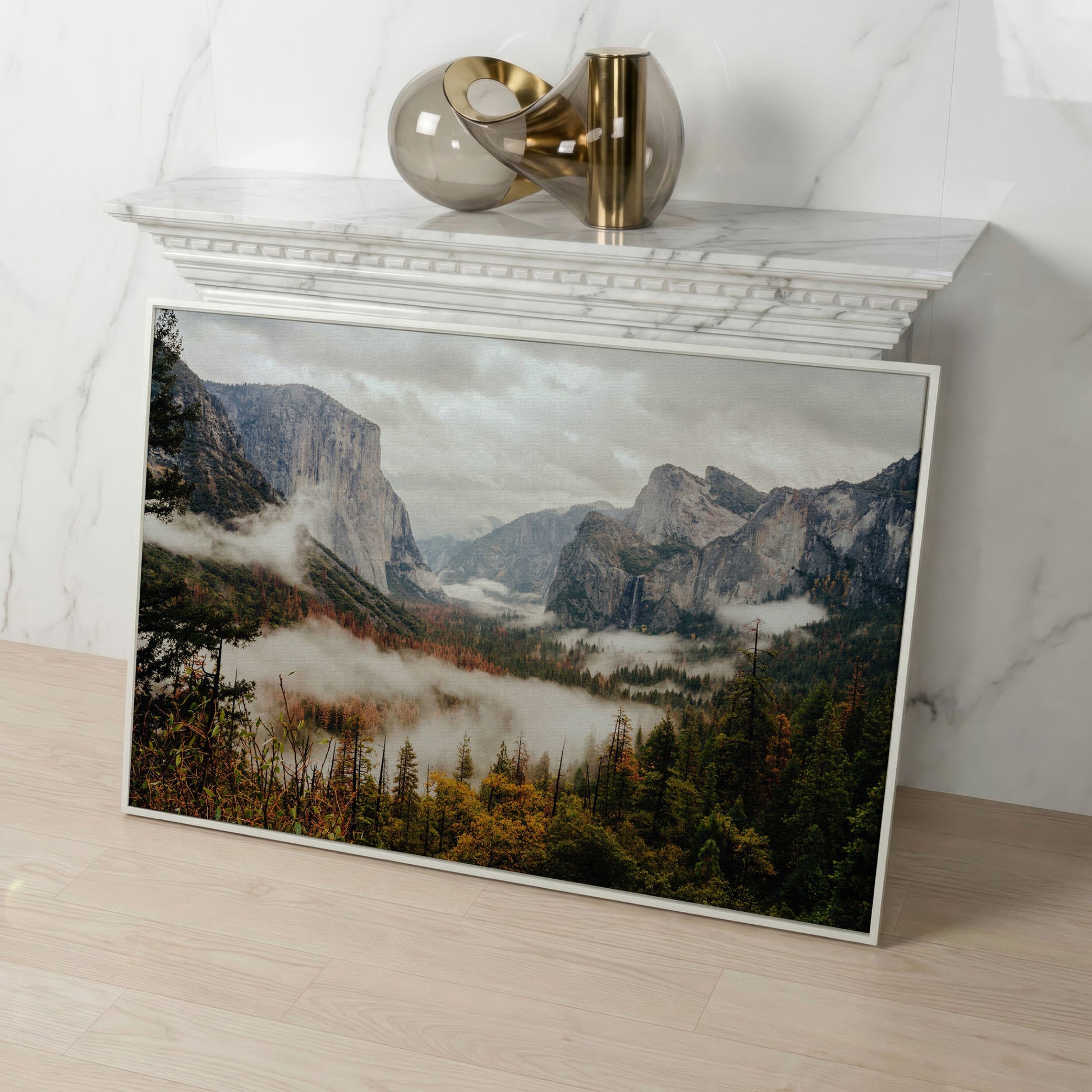 Yosemite Valley Mist and El Capitan Canvas Wall Art in white floating frame