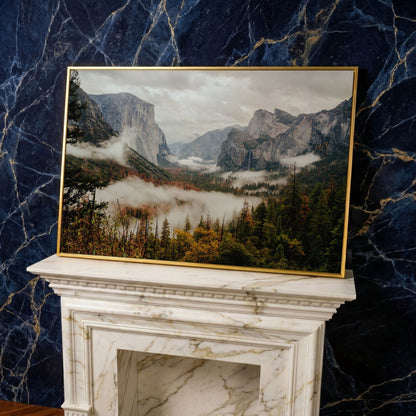 Yosemite Valley Mist and El Capitan Canvas Wall Art in yellow gold floating frame