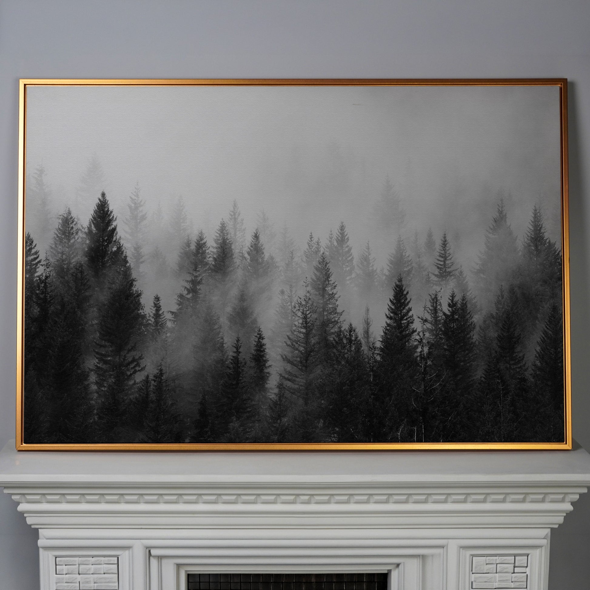 Misty Evergreen Forest Canvas Wall Art, Foggy Pine Trees in antique gold floating frame