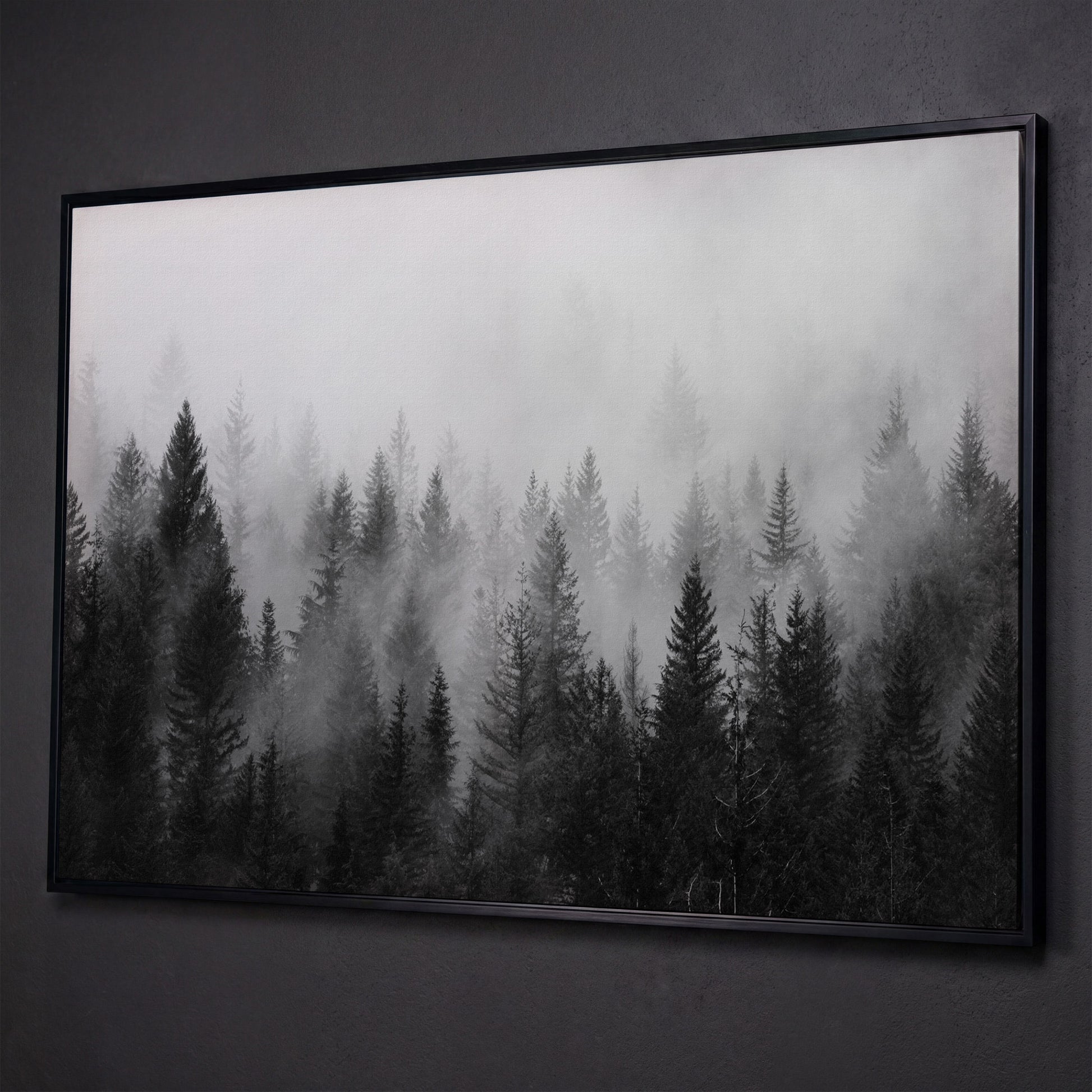 Misty Evergreen Forest Canvas Wall Art, Foggy Pine Trees shown in black floating frame