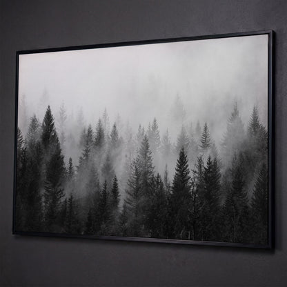 Misty Evergreen Forest Canvas Wall Art, Foggy Pine Trees shown in black floating frame