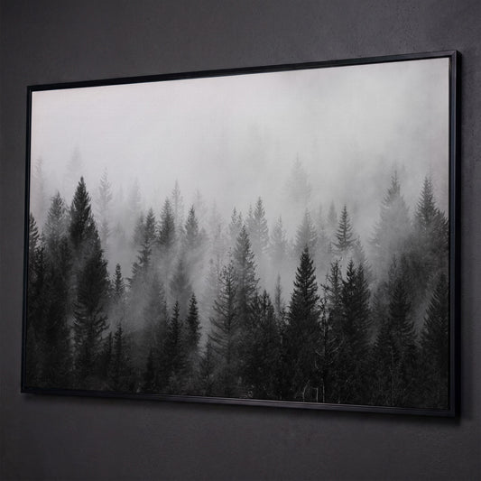 Misty Evergreen Forest Canvas Wall Art, Foggy Pine Trees shown in black floating frame