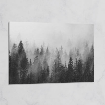 Misty Evergreen Forest Canvas Wall Art, Foggy Pine Trees on gallery wrap