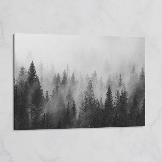 Misty Evergreen Forest Canvas Wall Art, Foggy Pine Trees on gallery wrap