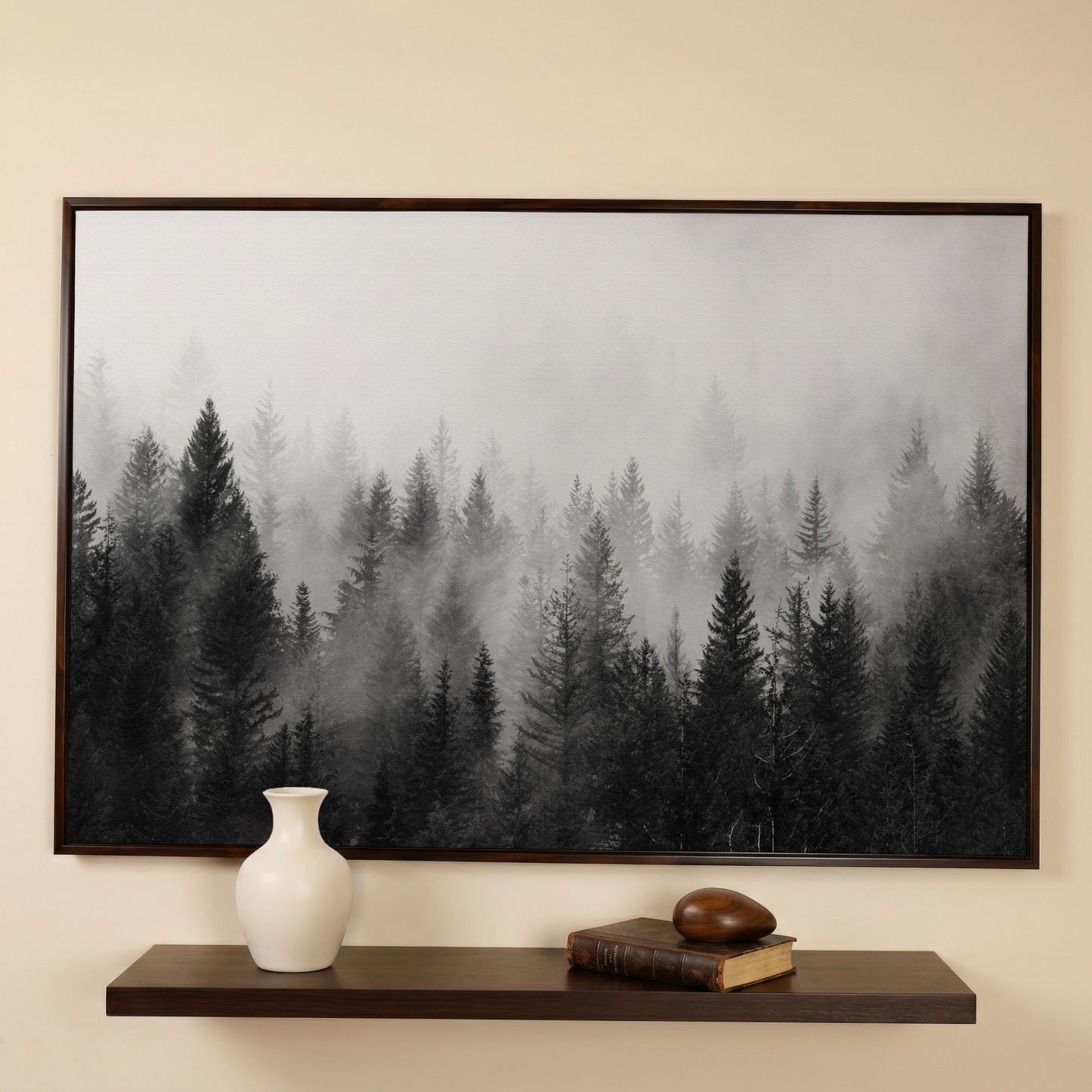 Misty Evergreen Forest Canvas Wall Art, Foggy Pine Trees in dark walnut floating frame